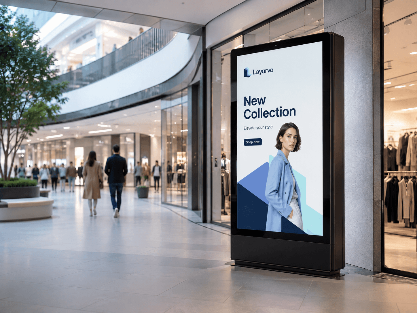 Display toko retail menampilkan promosi fesyen pada layar portrait