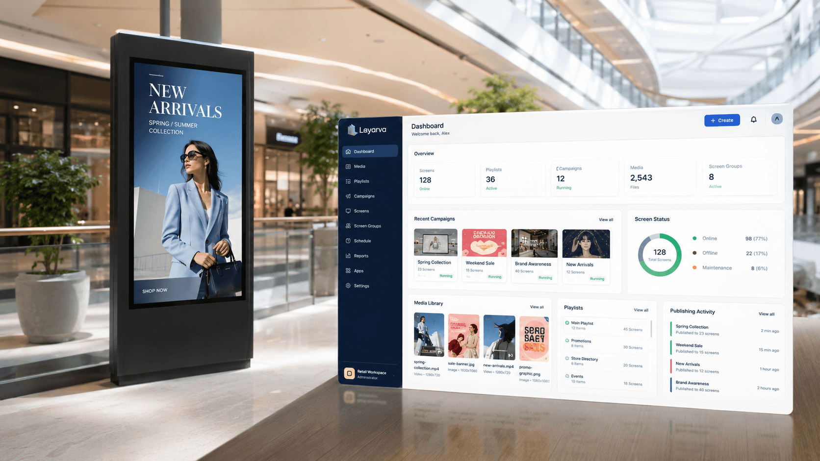 Dashboard Layarva menampilkan workspace retail dengan daftar layar, media library, dan pengelolaan campaign