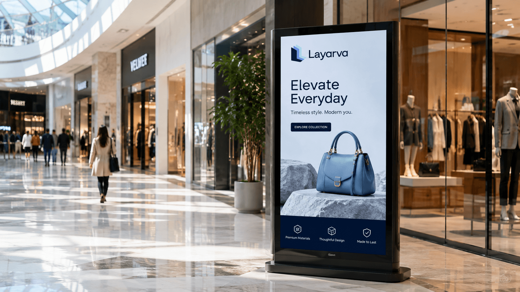 A digital signage display in a retail environment showing a product promotion